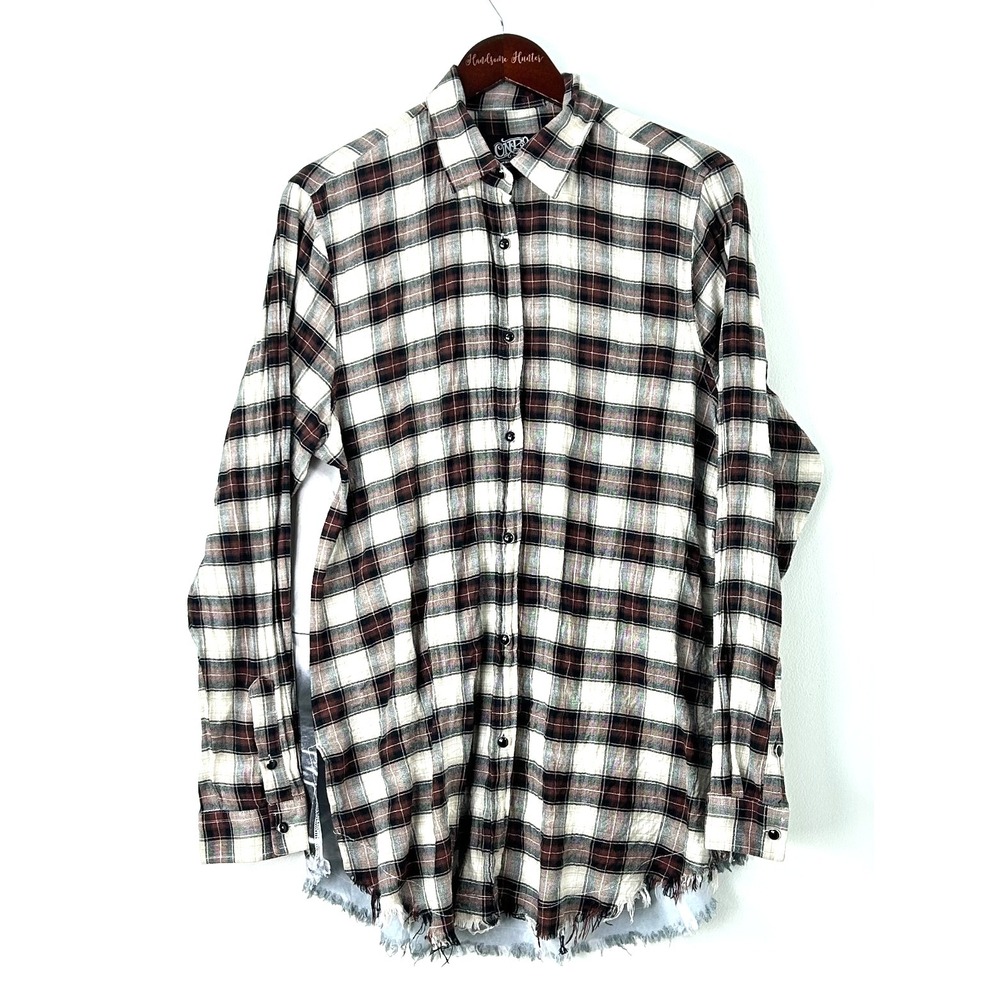 One 24 Rags Long Sleeve Shirt  Womens XL Vintage Football Plaid Frayed 1343E4